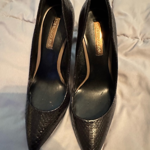 BCBG Black Snake Wedge with Gold Textured Heel - Picture 1 of 4